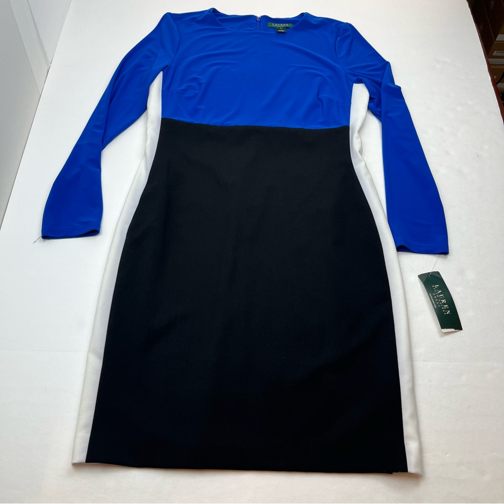 Lauren Ralph Lauren Color Block Blue Black White Long Sleeve Midi Dress 12 New